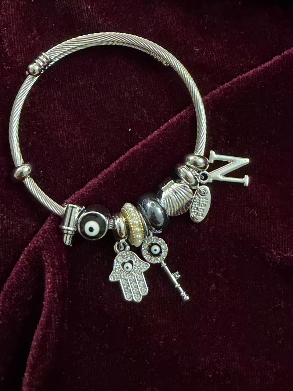 Pandora Style Evil Eye Charms Bracelet With Customised Initial (Silver)