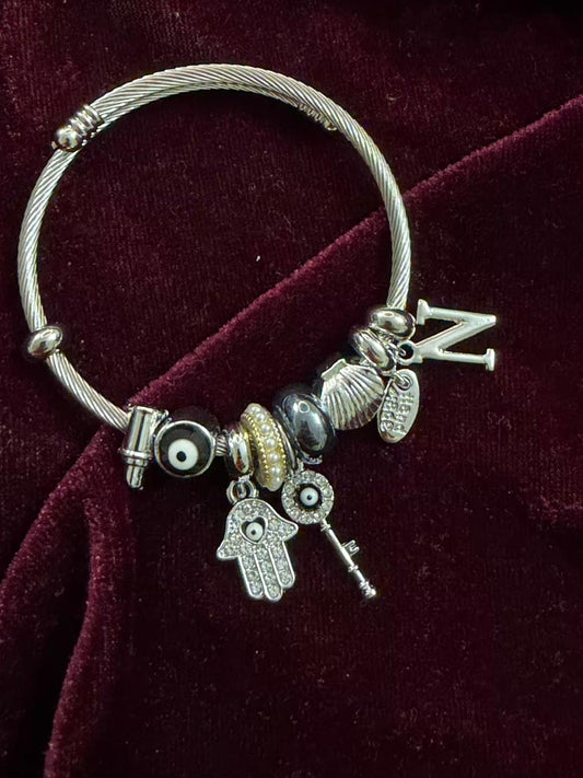 Pandora Style Evil Eye Charms Bracelet With Customised Initial (Silver)