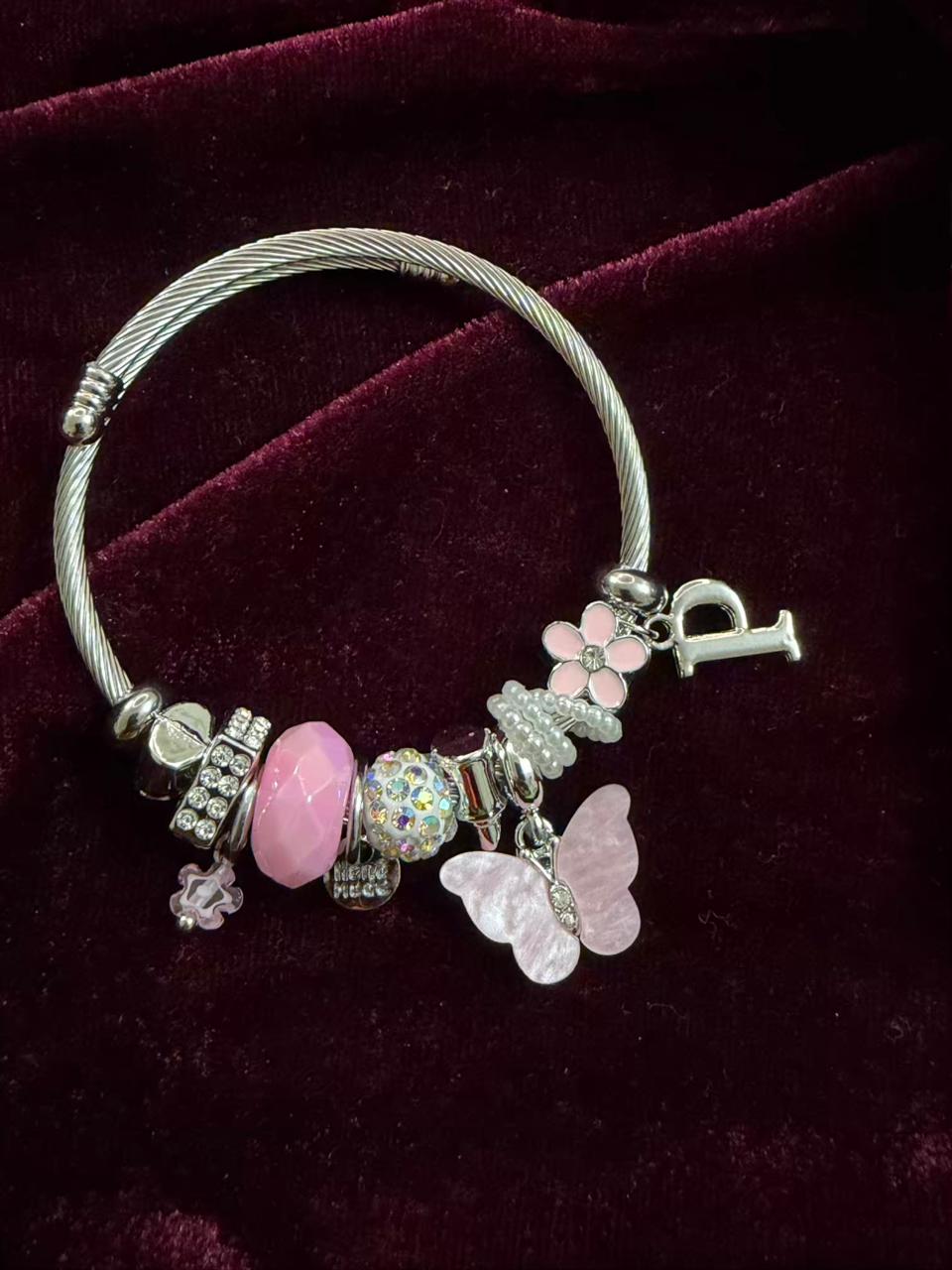 Pandora Style Pink Beads Charms Bracelet With Customised Initial (Silver)