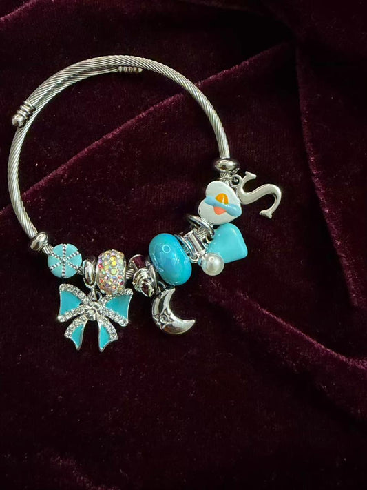 Pandora Style Blue Charms Bracelet With Customised Initial (Silver)
