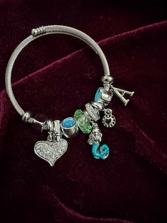 Pandora Style Mermaid & Heart Charms Bracelet With Customised Initial (Silver)