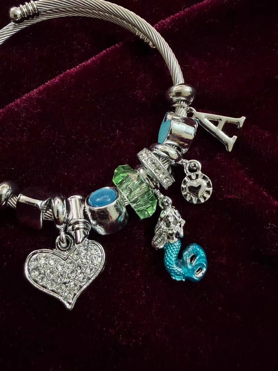 Pandora Style Mermaid & Heart Charms Bracelet With Customised Initial (Silver)