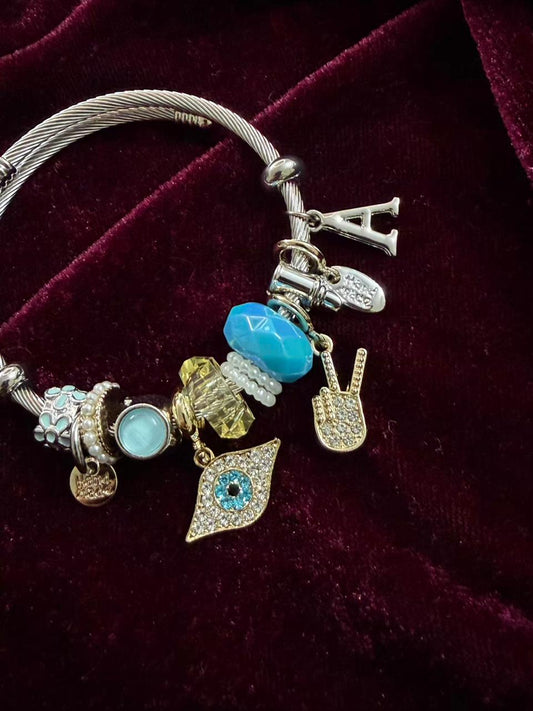 Pandora Style Blue Evil Eye Charms Bracelet With Customised Initial (Silver)