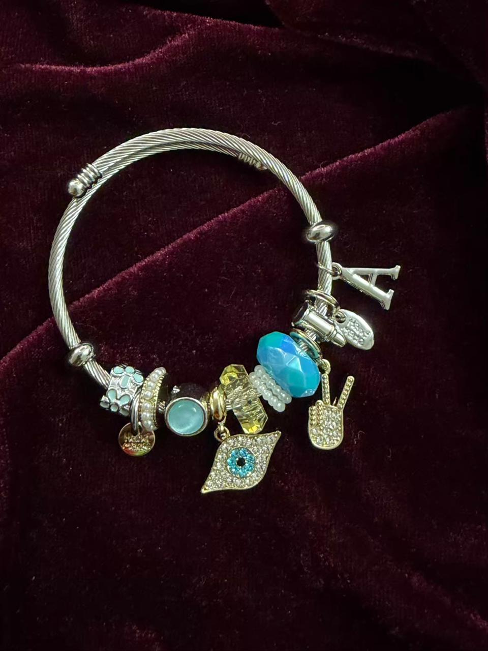 Pandora Style Blue Evil Eye Charms Bracelet With Customised Initial (Silver)