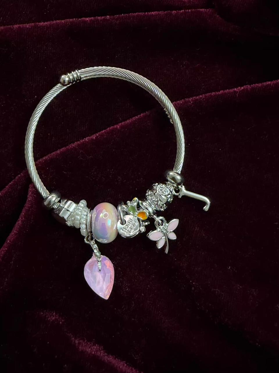 Pandora Style Pastel Pink Heart Drop Charms Bracelet With Customised Initial (Silver)