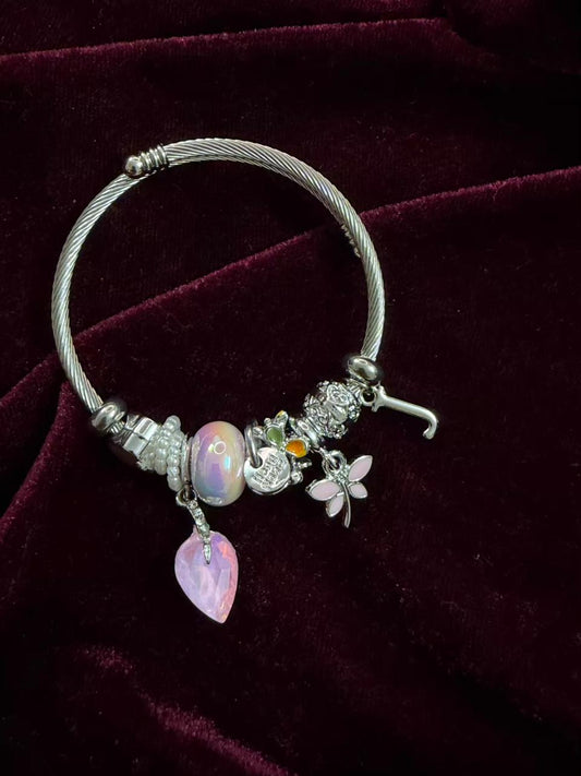 Pandora Style Pastel Pink Heart Drop Charms Bracelet With Customised Initial (Silver)