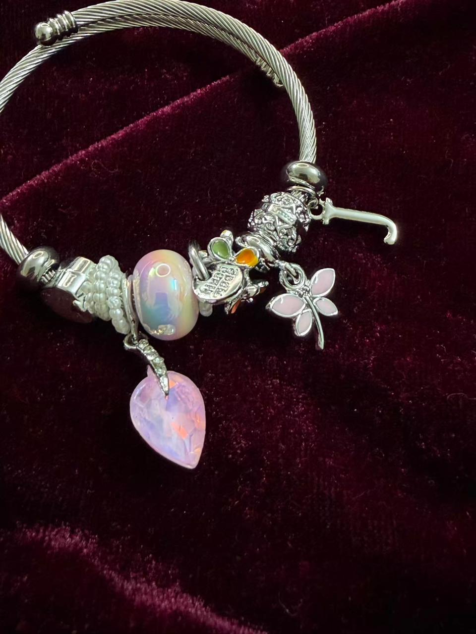 Pandora Style Pastel Pink Heart Drop Charms Bracelet With Customised Initial (Silver)