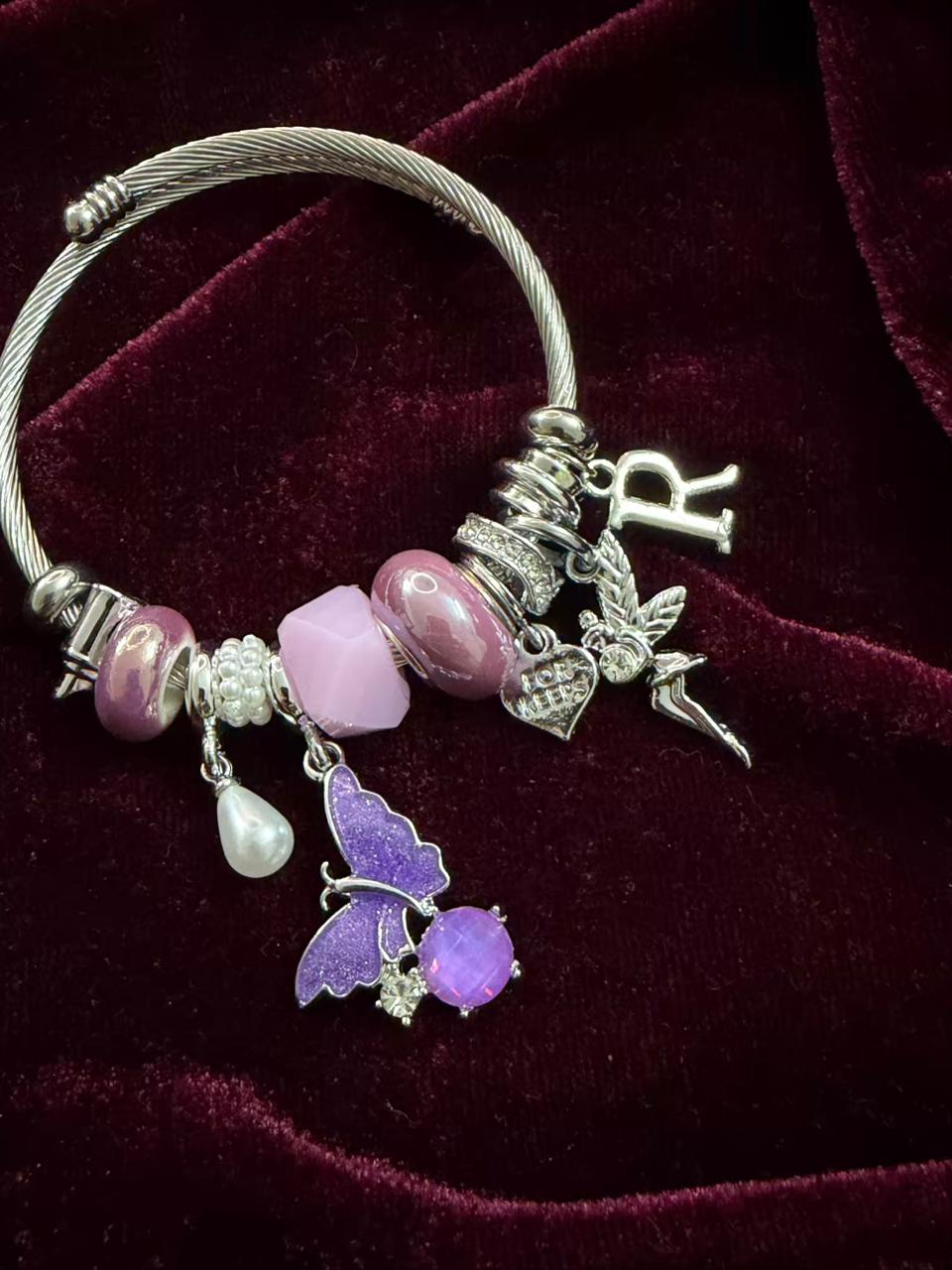 Pandora Style Purple Butterfly & Fairy Charm Bracelet With Customised Initial (Silver)