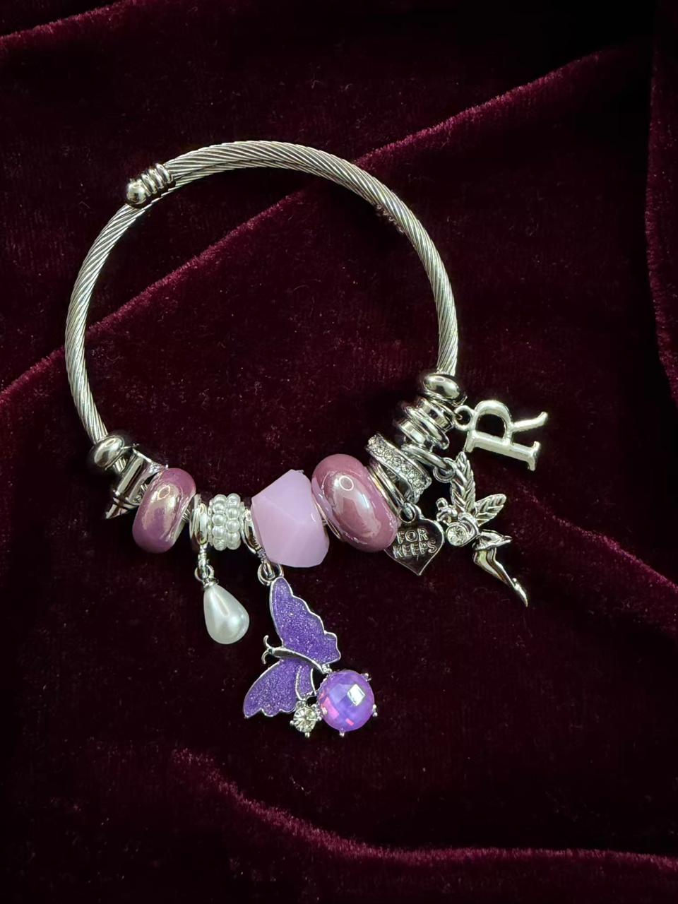 Pandora Style Purple Butterfly & Fairy Charm Bracelet With Customised Initial (Silver)