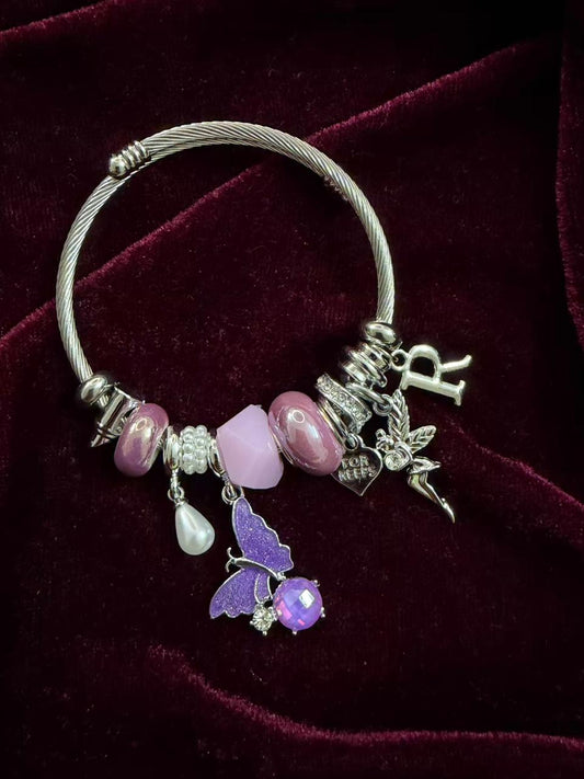 Pandora Style Purple Butterfly & Fairy Charm Bracelet With Customised Initial (Silver)