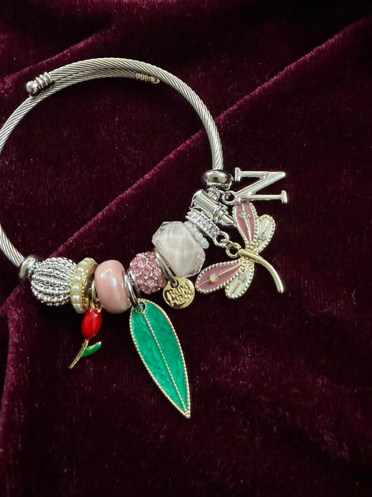 Pandora Style Dragonfly & Leaf Charms Bracelet With Customised Initial (Silver)