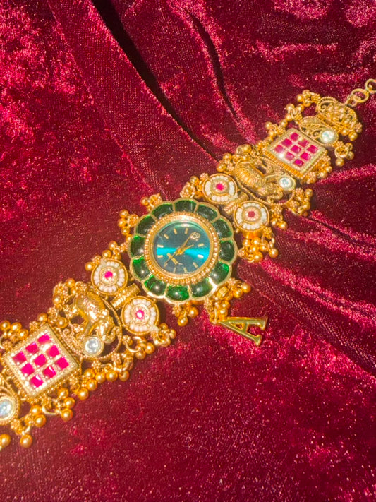 Maharaja Emerald Round Dial Designer Watch Rakhi in Premium Swarovski (Free Initial)