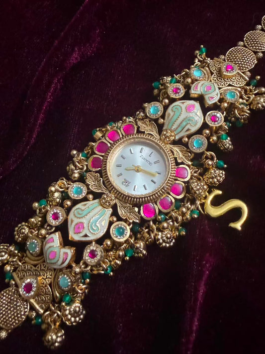 Royal Paisley Meenakari Round Dial Watch Rakhi in Premium Swarovski (Free Initial)