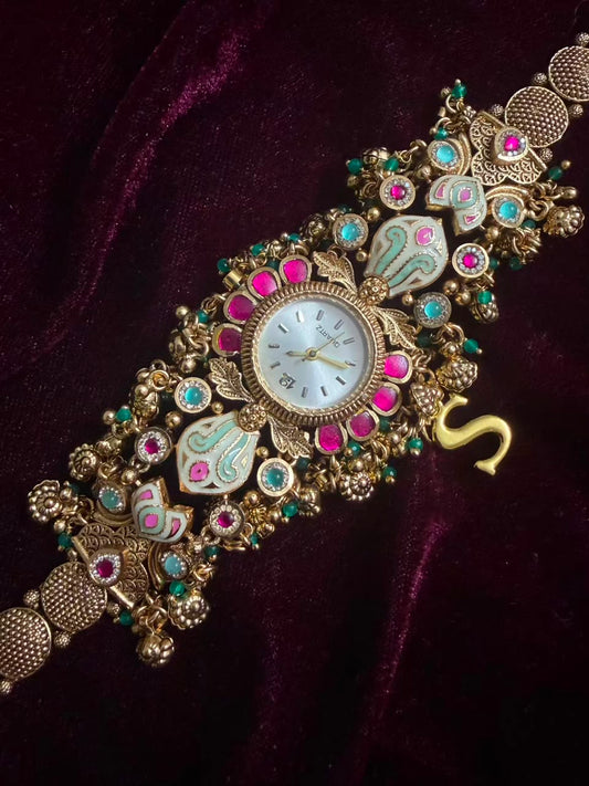 Royal Paisley Meenakari Round Dial Watch Rakhi in Premium Swarovski (Free Initial)