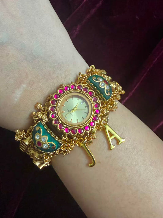 Emerald Bloom Round Dial Heritage Watch Rakhi (Free Initial)