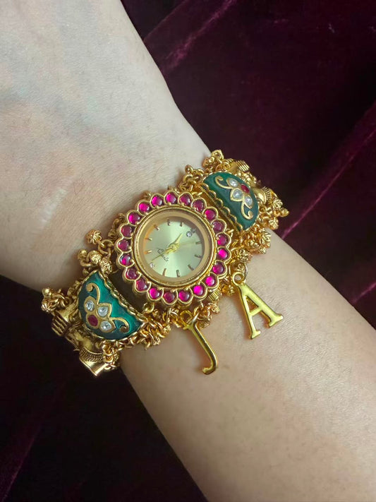 Emerald Bloom Round Dial Heritage Watch Rakhi (Free Initial)