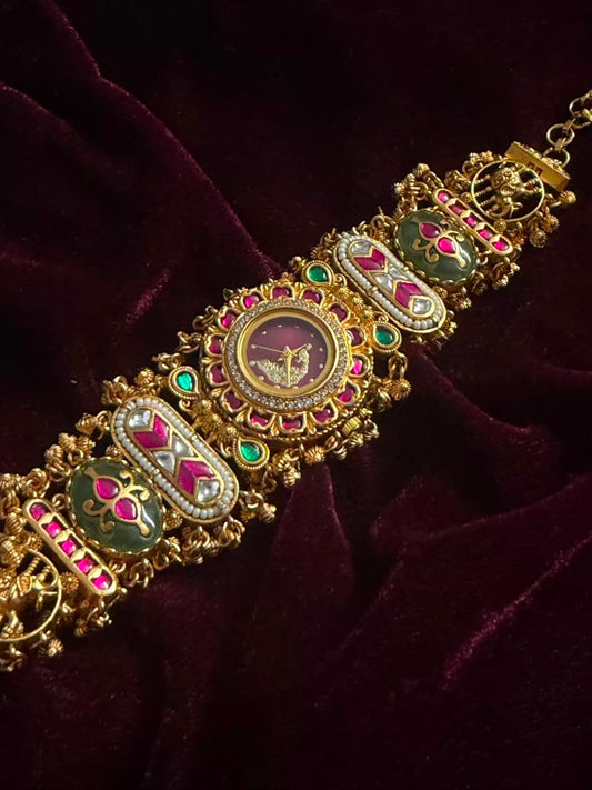 Royal Peacock Meenakari Round Dial Watch Rakhi in Premium Swarovski (Free Initial)