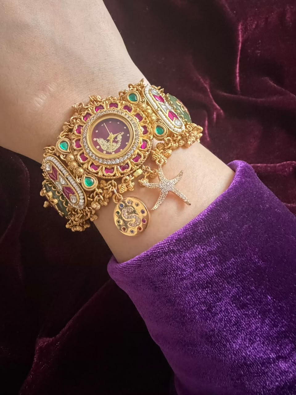 Royal Ruby Round Dial Heritage Watch Rakhi in Premium Swarovski (Free Initial)