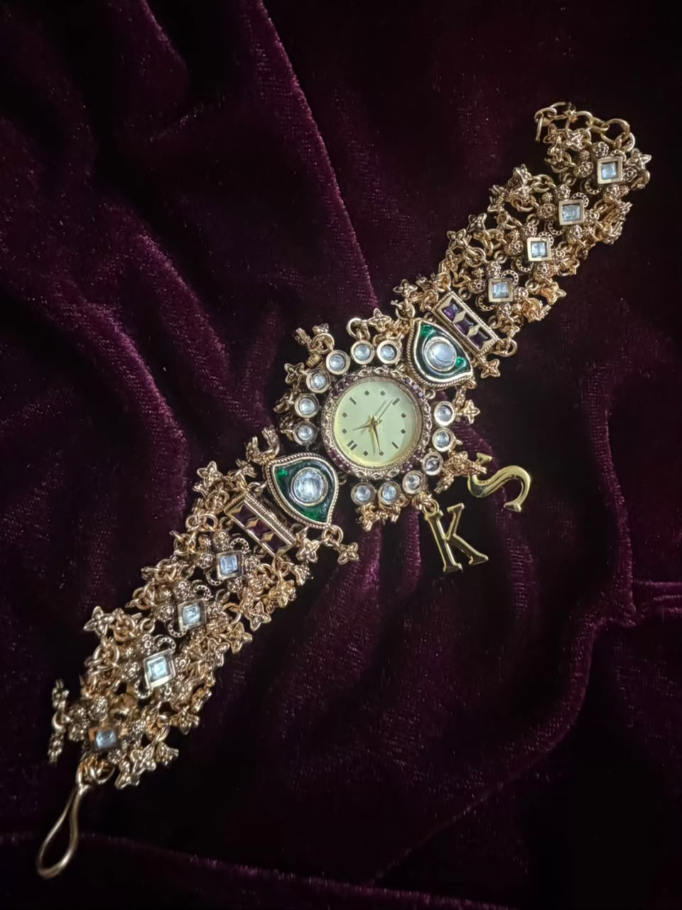 Royal Kundan Round Dial Watch Rakhi in Premium Swarovski (Free Initial)