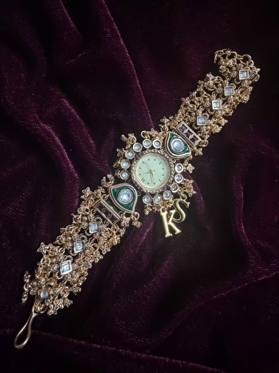 Royal Kundan Round Dial Watch Rakhi in Premium Swarovski (Free Initial)