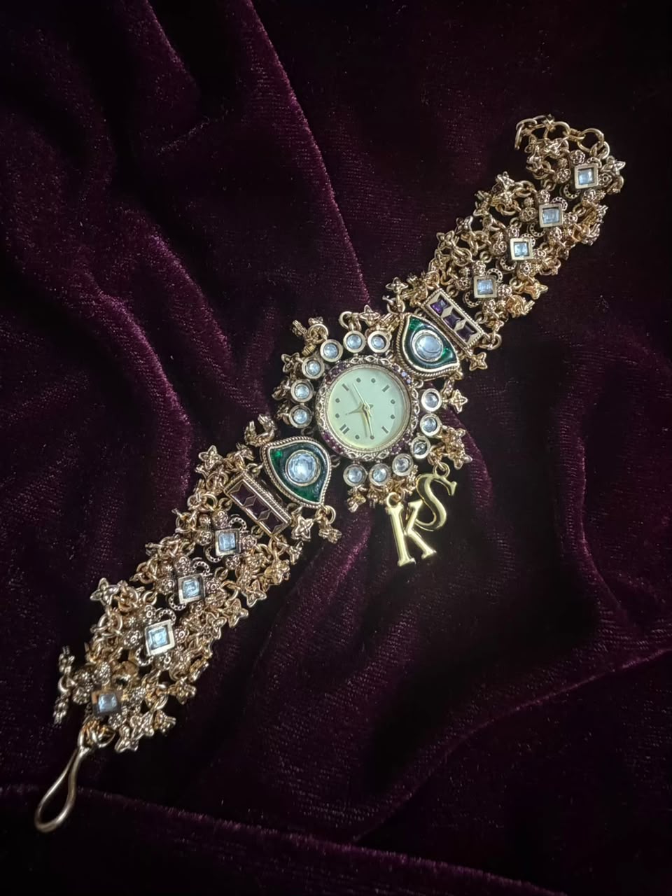 Royal Kundan Round Dial Watch Rakhi in Premium Swarovski (Free Initial)