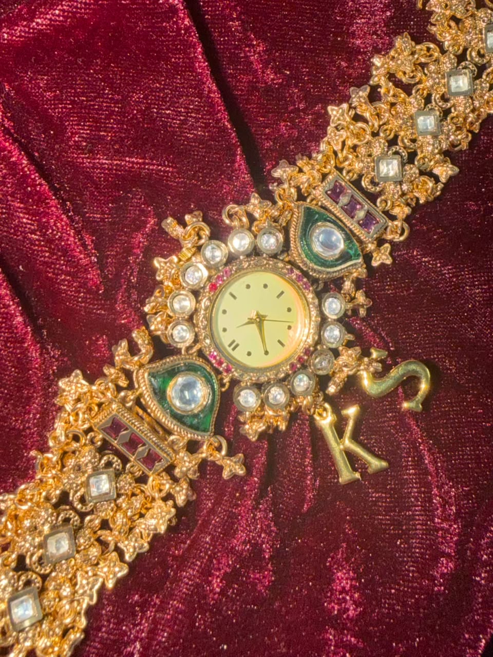 Royal Kundan Round Dial Watch Rakhi in Premium Swarovski (Free Initial)