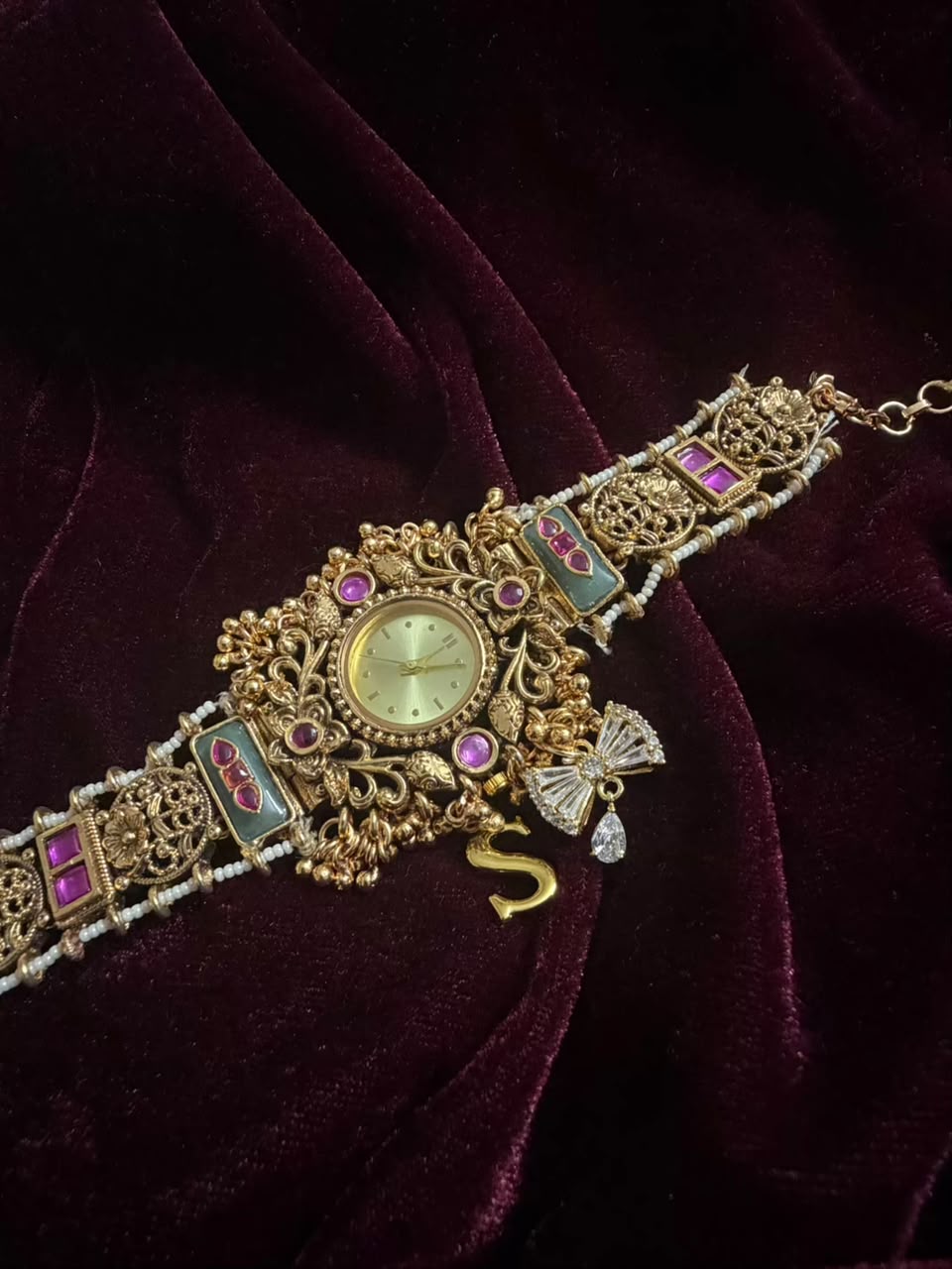 Royal Kundan Round Dial Watch Rakhi in Premium Swarovski (Free Initial)