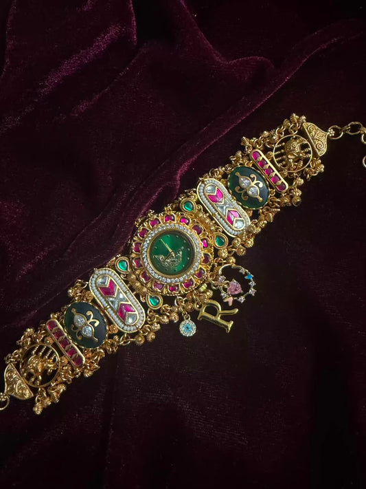 Vintage Emerald Luxury Watch Rakhi in Premium Swarovski (Free Initial)