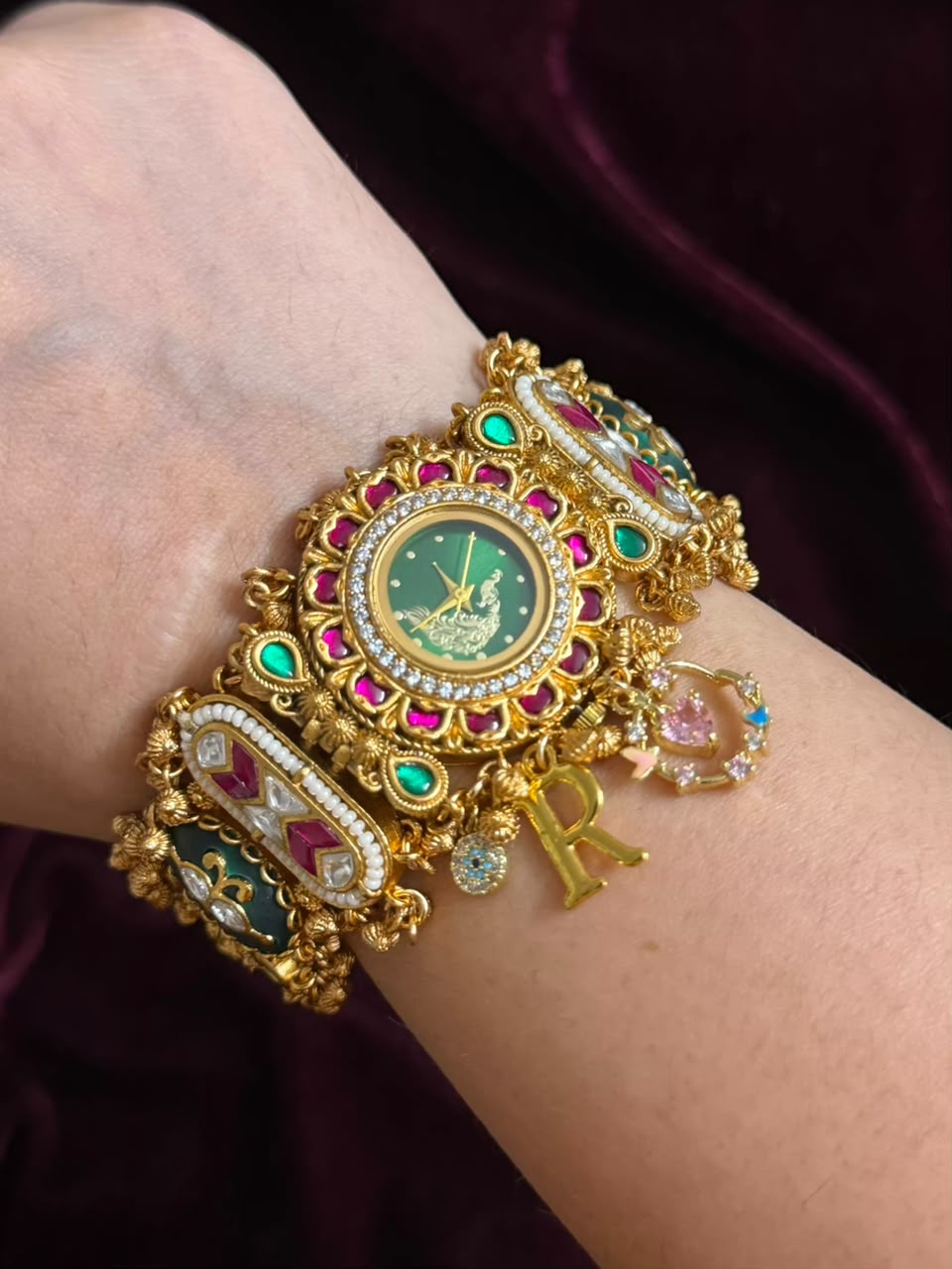 Vintage Emerald Luxury Watch Rakhi in Premium Swarovski (Free Initial)