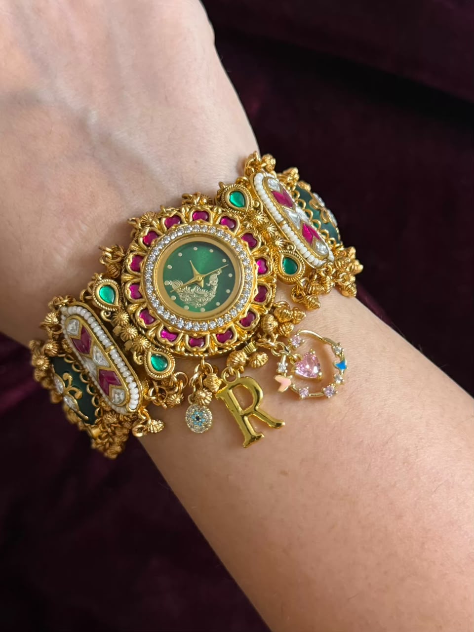 Vintage Emerald Luxury Watch Rakhi in Premium Swarovski (Free Initial)