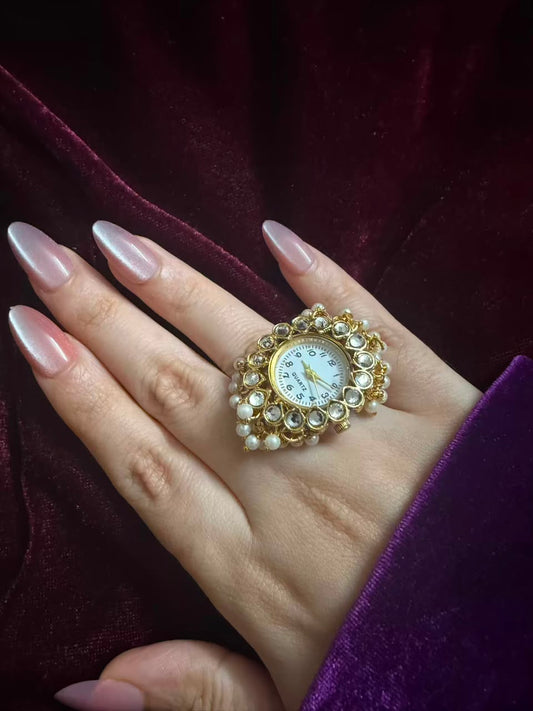 Pearl Kundan Dial Maharani Heritage Watch Ring