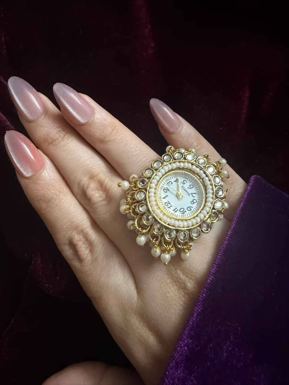 Double Pearl Kundan Dial Maharani Heritage Watch Ring