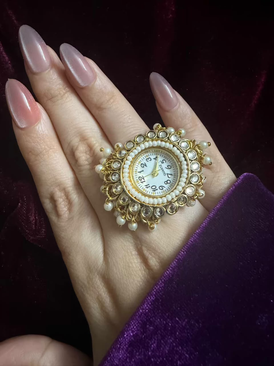 Double Pearl Kundan Dial Maharani Heritage Watch Ring