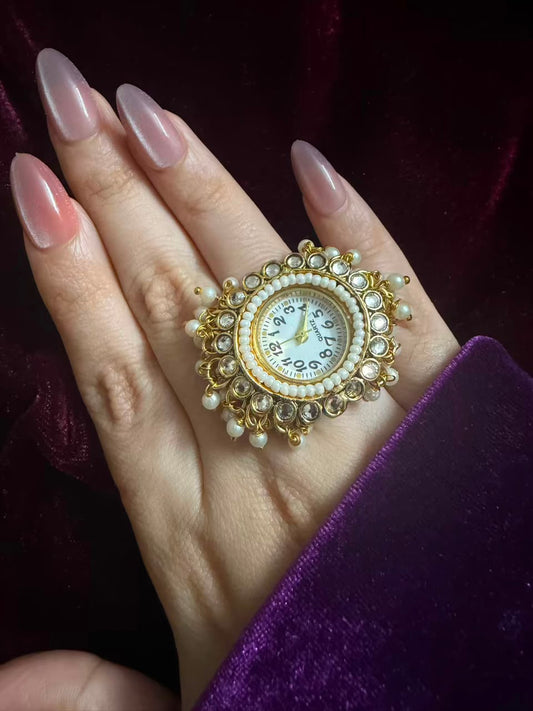 Double Pearl Kundan Dial Maharani Heritage Watch Ring