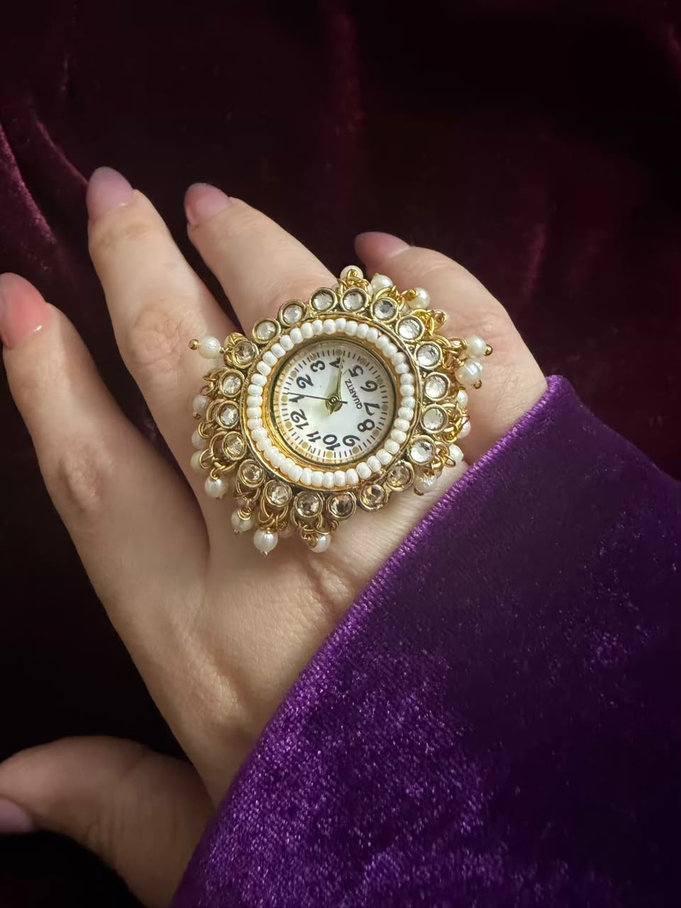 Double Pearl Kundan Dial Maharani Heritage Watch Ring