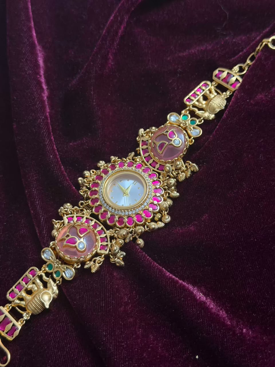 Pink Meenakari Round Dial Maharani Heritage Watch Rakhi in Premium Swarovski (Free Initial)