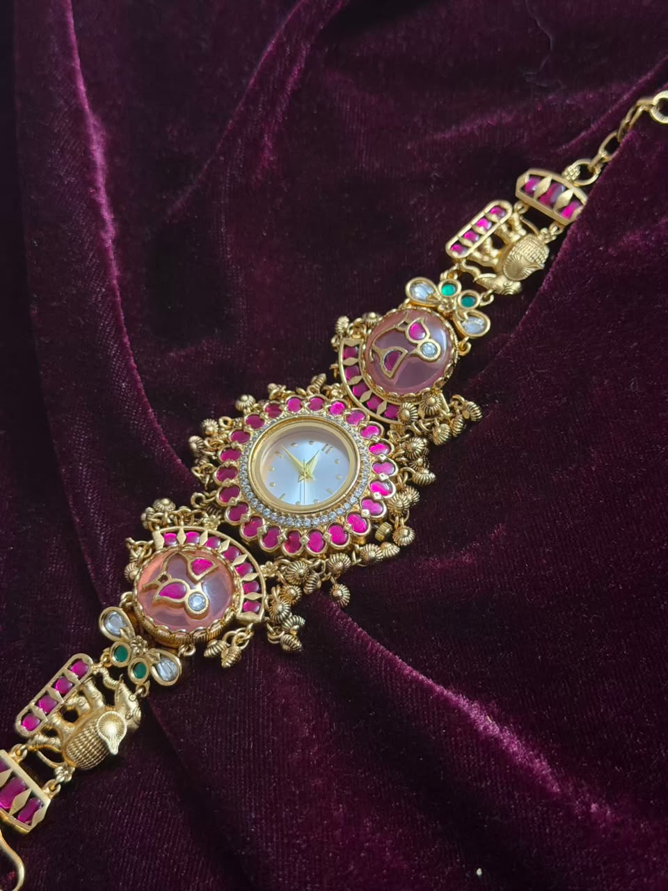 Pink Meenakari Round Dial Maharani Heritage Watch Rakhi in Premium Swarovski (Free Initial)