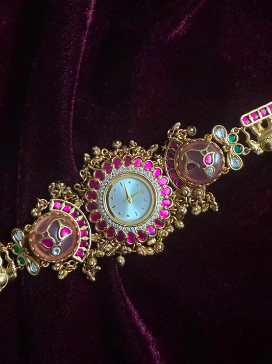 Pink Meenakari Round Dial Maharani Heritage Watch Rakhi in Premium Swarovski (Free Initial)
