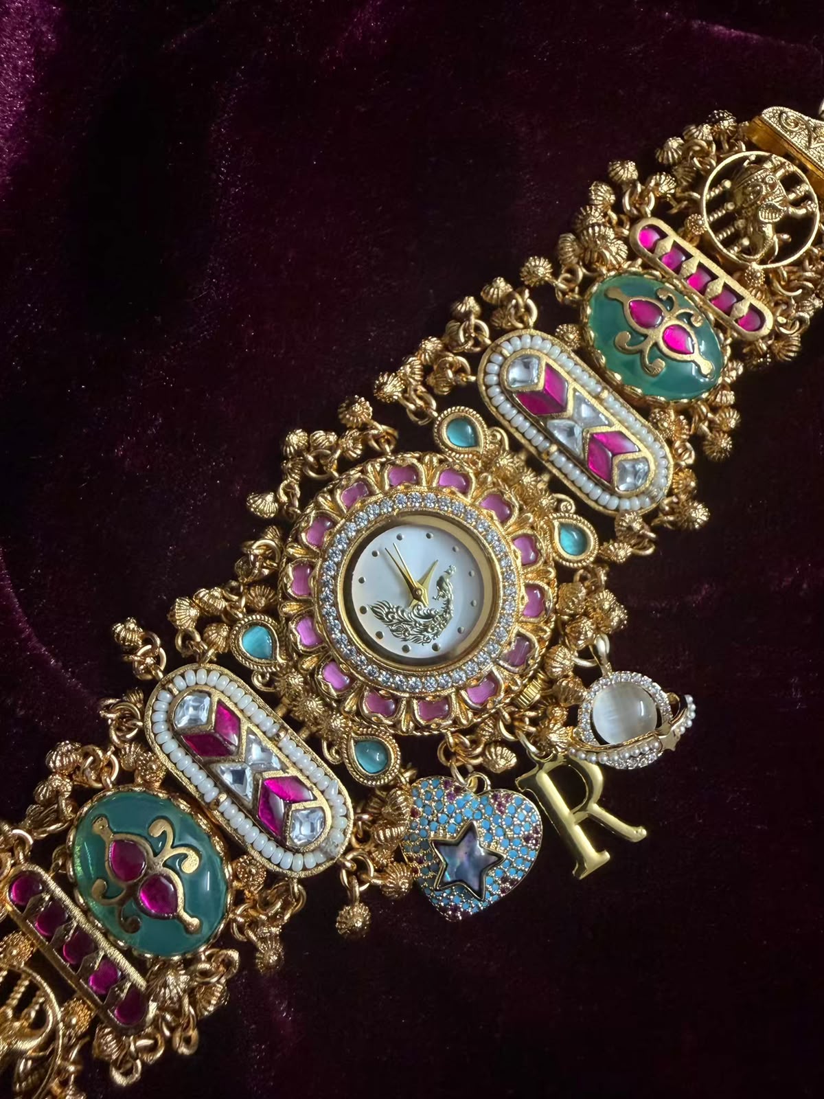 Royal Peacock Round Dial Maharani Heritage Watch Rakhi in Premium Swarovski (Free Initial)
