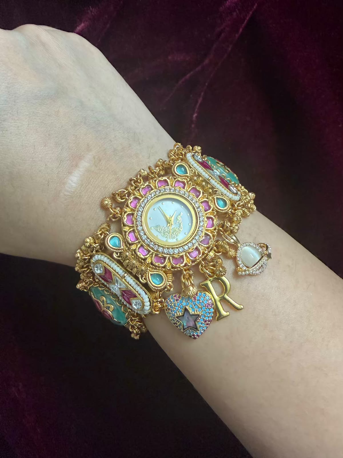 Royal Peacock Round Dial Maharani Heritage Watch Rakhi in Premium Swarovski (Free Initial)