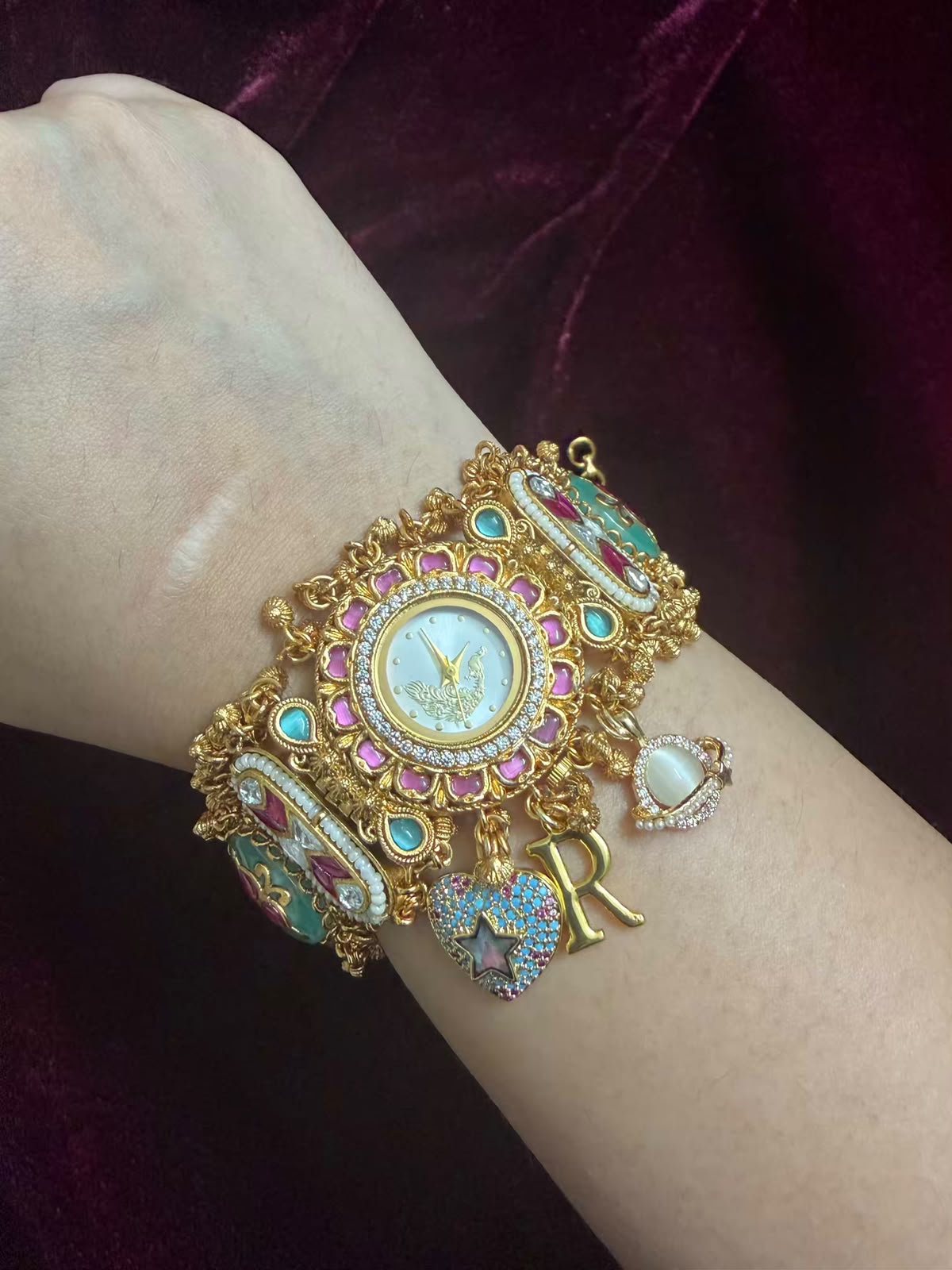 Royal Peacock Round Dial Maharani Heritage Watch Rakhi in Premium Swarovski (Free Initial)
