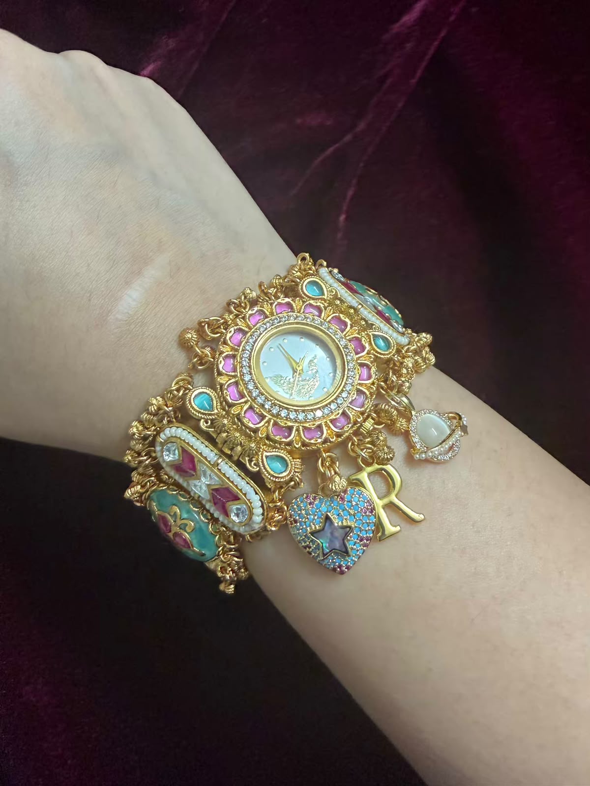 Royal Peacock Round Dial Maharani Heritage Watch Rakhi in Premium Swarovski (Free Initial)