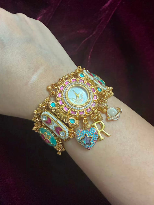 Royal Peacock Round Dial Maharani Heritage Watch Rakhi in Premium Swarovski (Free Initial)