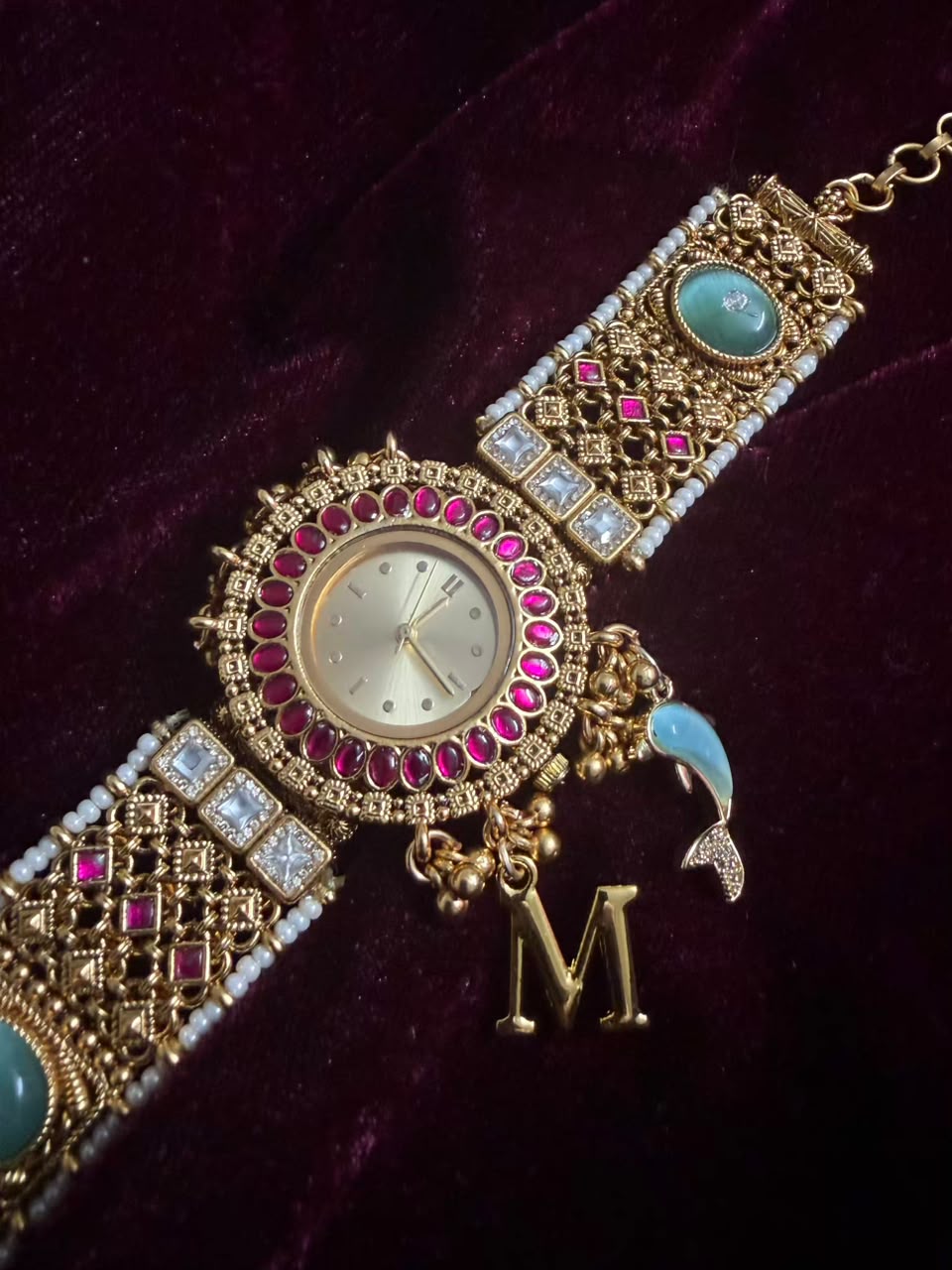 Turquoise Kundan Maharani Heritage Watch Rakhi in Premium Swarovski (Free Initial)
