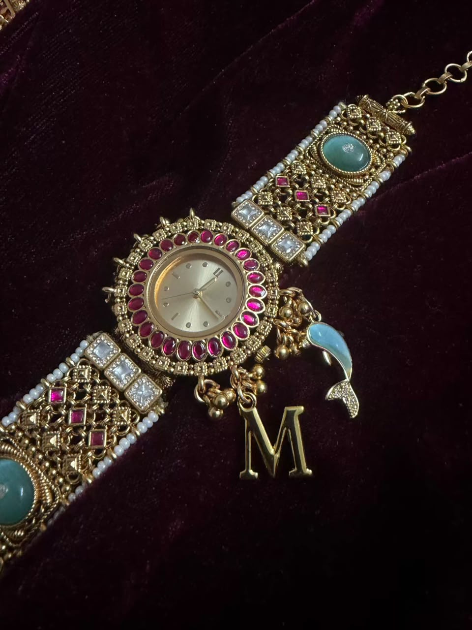 Turquoise Kundan Maharani Heritage Watch Rakhi in Premium Swarovski (Free Initial)