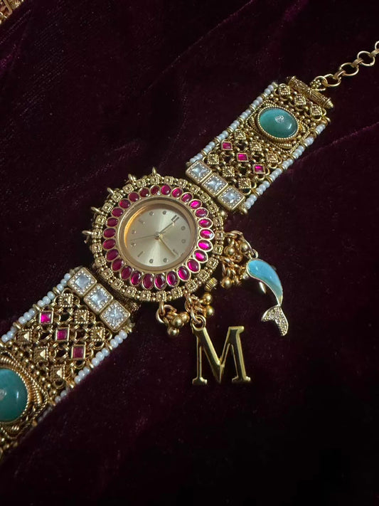 Turquoise Kundan Maharani Heritage Watch Rakhi in Premium Swarovski (Free Initial)