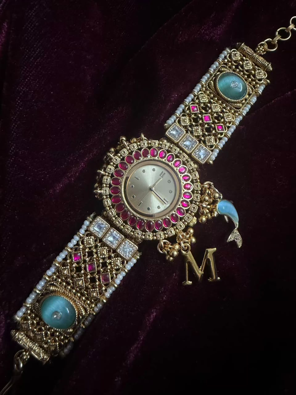 Turquoise Kundan Maharani Heritage Watch Rakhi in Premium Swarovski (Free Initial)