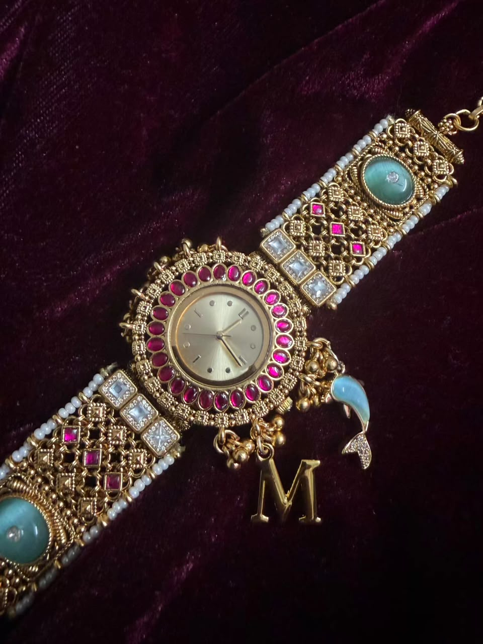 Turquoise Kundan Maharani Heritage Watch Rakhi in Premium Swarovski (Free Initial)