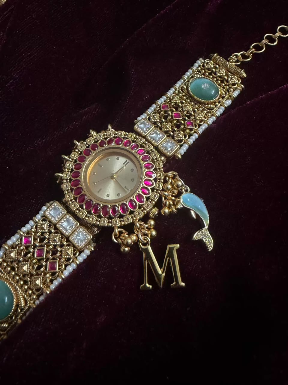 Turquoise Kundan Maharani Heritage Watch Rakhi in Premium Swarovski (Free Initial)