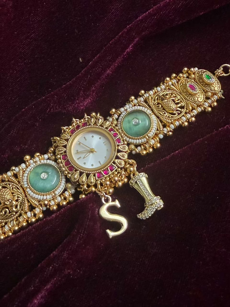 Mint Green Elephant Maharani Heritage Watch Rakhi in Premium Swarovski (Free Initial)